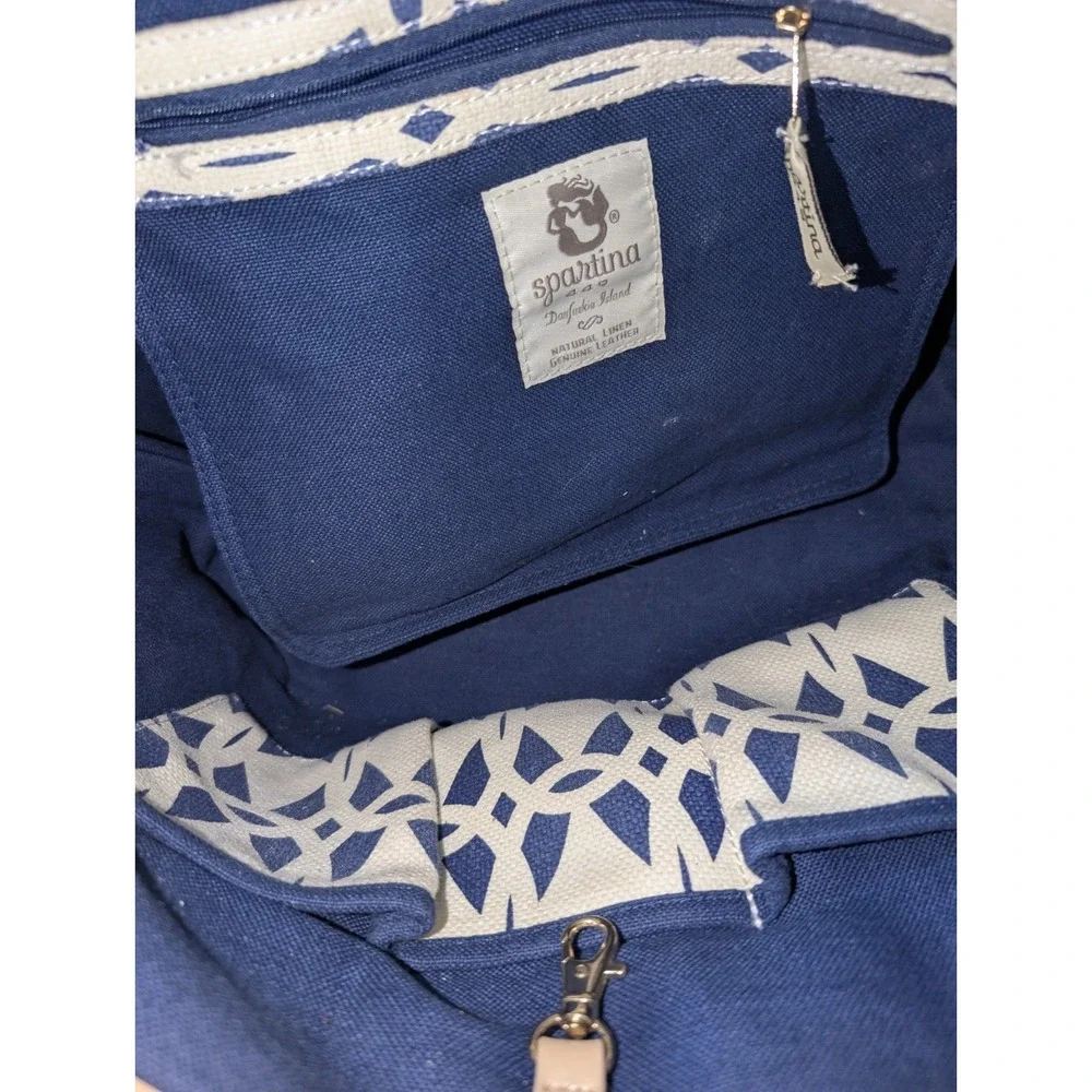 Spartina 449 Jetetter Tote Bag In Navy & Ivory Linen w/Tan Leather Trim Preppy